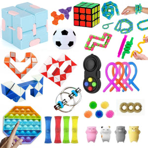 Zabawki z zestawu niespodzianki fidget – pop it, nieskończona kostka, łańcuch flippy, rurki z kulką
