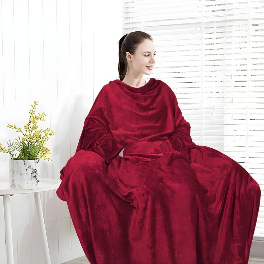 Hordható Pléd Kéznyílással és Zsebbel – Extra Puha Kivitel, Bordó - BShopy