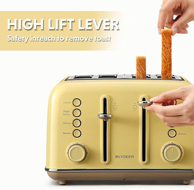 Toster Buydeem DT640E – na 4 kromki, cytrynowożółty, retro design