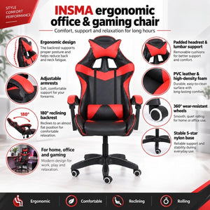 Insma Fekete-Piros Ergonomikus Gamer Szék-BShopy