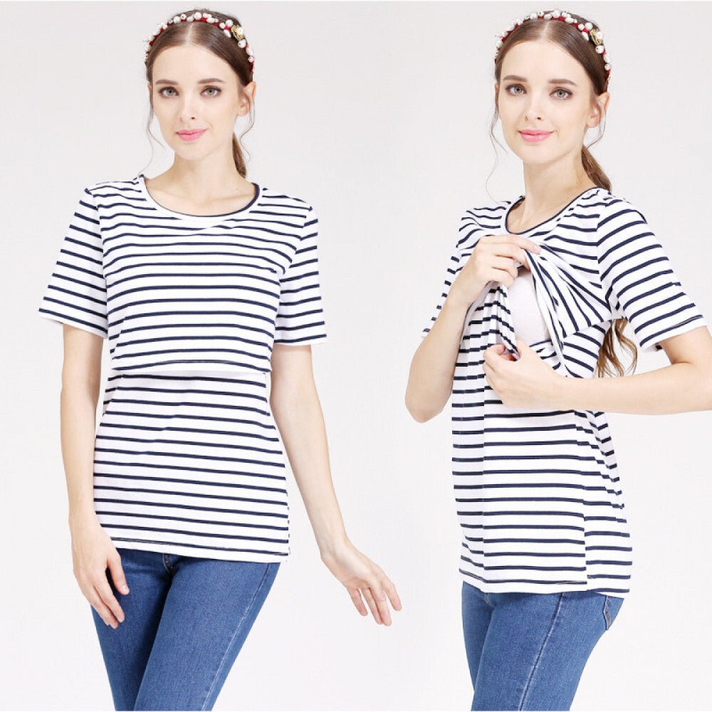 Női Kismama Szoptatós Póló, Rövid Ujjú Felső (Fekete - Fehér Csíkos) S - BShopyX0010PO34V_0