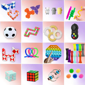 Zawartość zestawu zabawek fidget – pop it, spinner, squishy, magiczny wąż i kostka logiczna