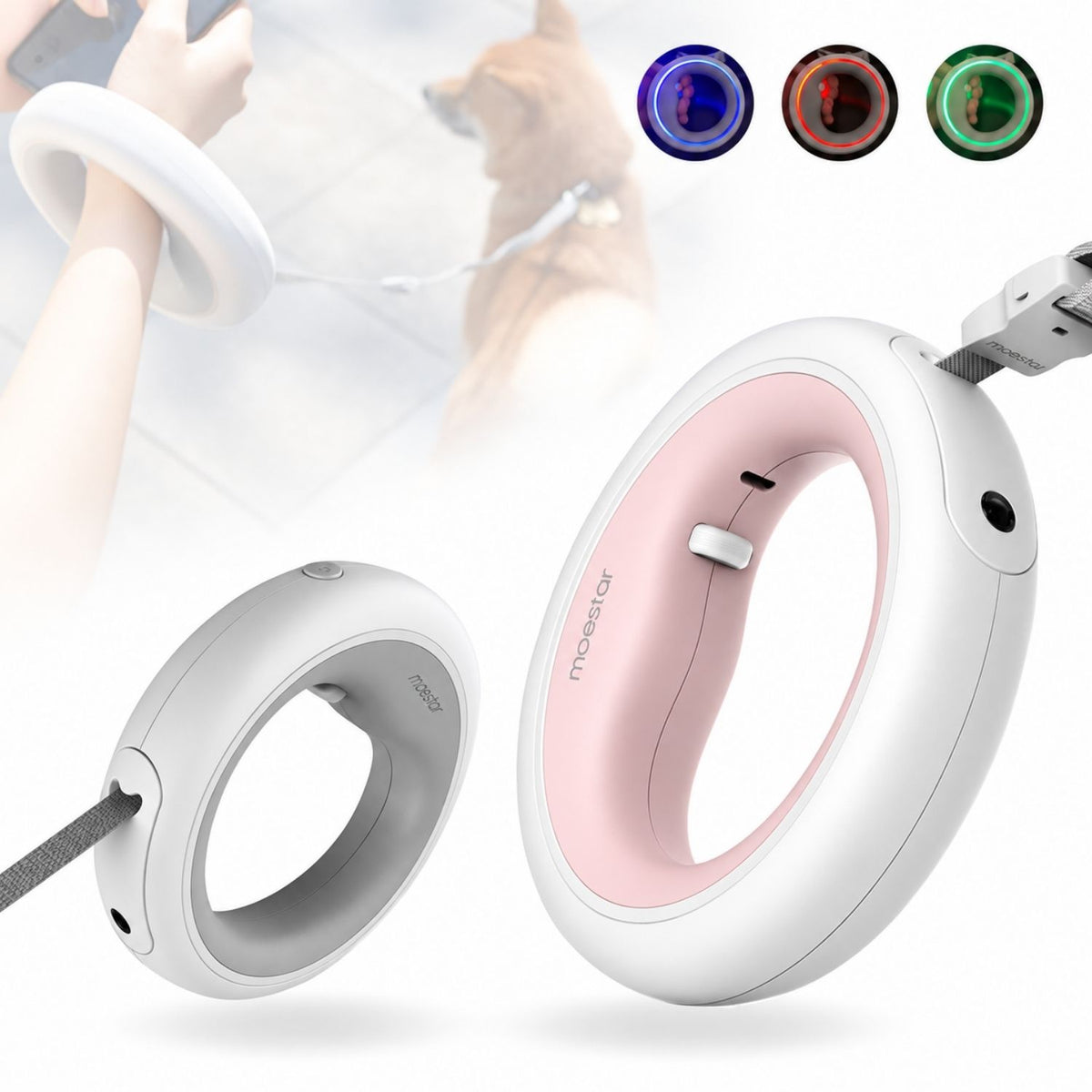 Moestar 2 Plus Rozwijana Smycz dla Psów - 3 m, z Lampką LED, Różowo-Biała, z Ergonomiczną Rączką