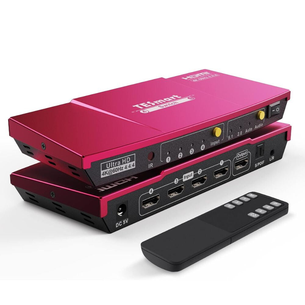 TESmart UHD HDMI Switch – 4x1 (4 Wejścia 1 Wyjście), 4K@60Hz, HDR10, Dolby Vision, S/PDIF, CEC, Z Wyjściem Audio (Koralowoczerwony)