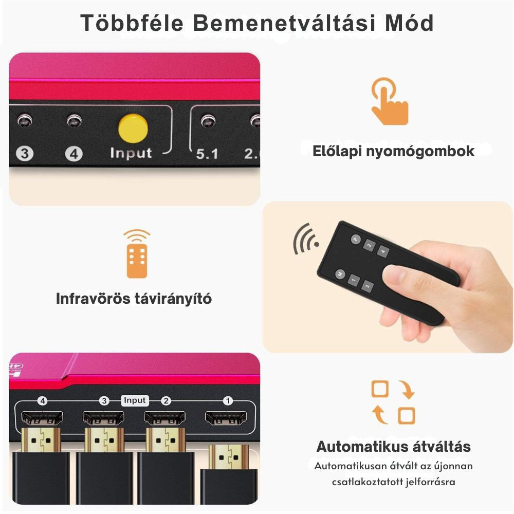 TESmart UHD HDMI Switch – 4x1 (4 Wejścia 1 Wyjście), 4K@60Hz, HDR10, Dolby Vision, S/PDIF, CEC, Z Wyjściem Audio (Koralowoczerwony)