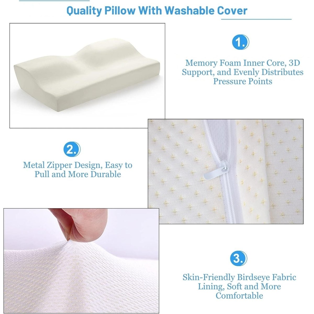 Blux Kényelmes Memóriahabos Párna Mosható Huzattal – 50×30×10/7 cm - Fehér-BShopy