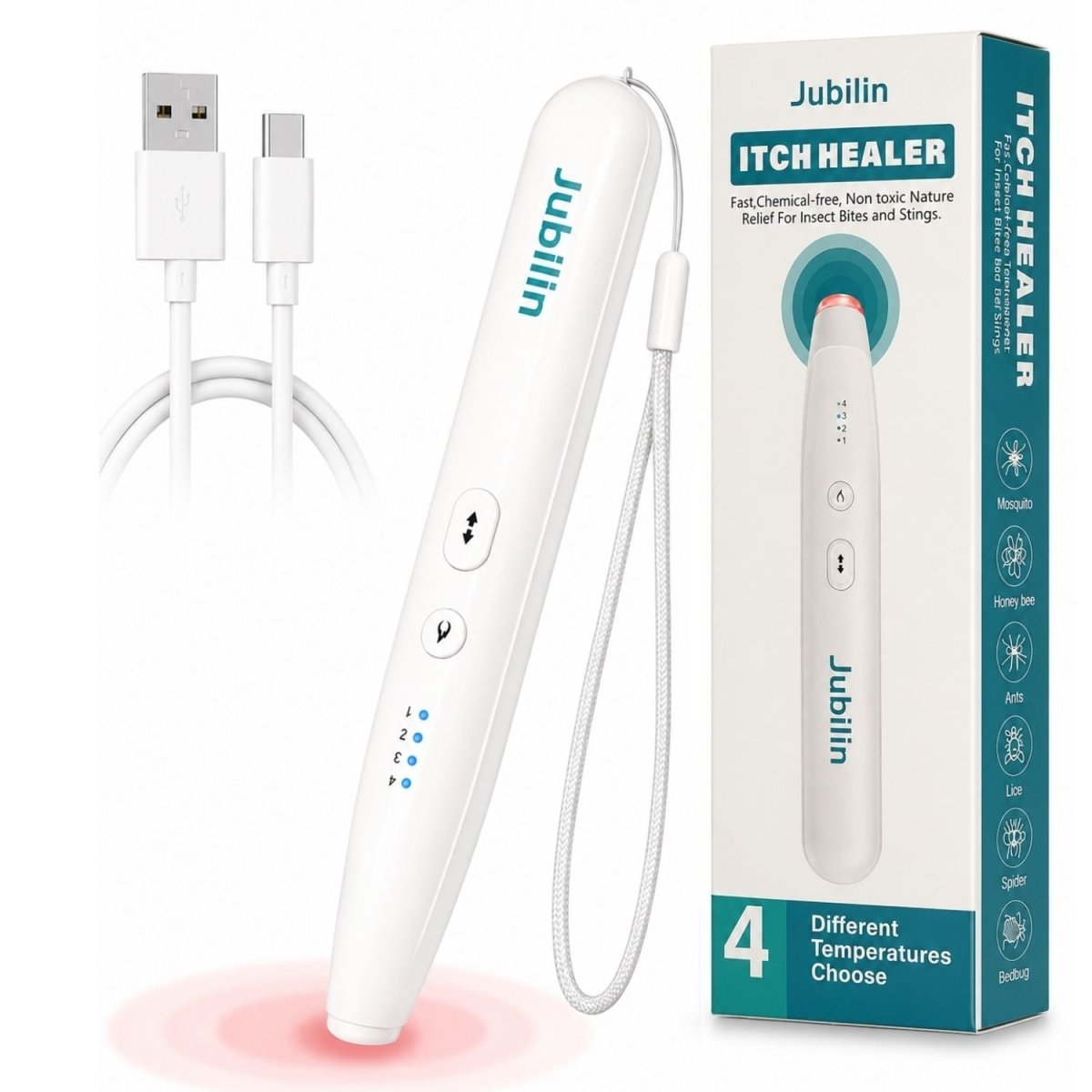 Jubilin Elektromos Rovarcsípés Kezelő – 4 Hőmérsékleti Fokozattal, USB-C Tölthető, Rovarcsípések Enyhítésére-BShopy