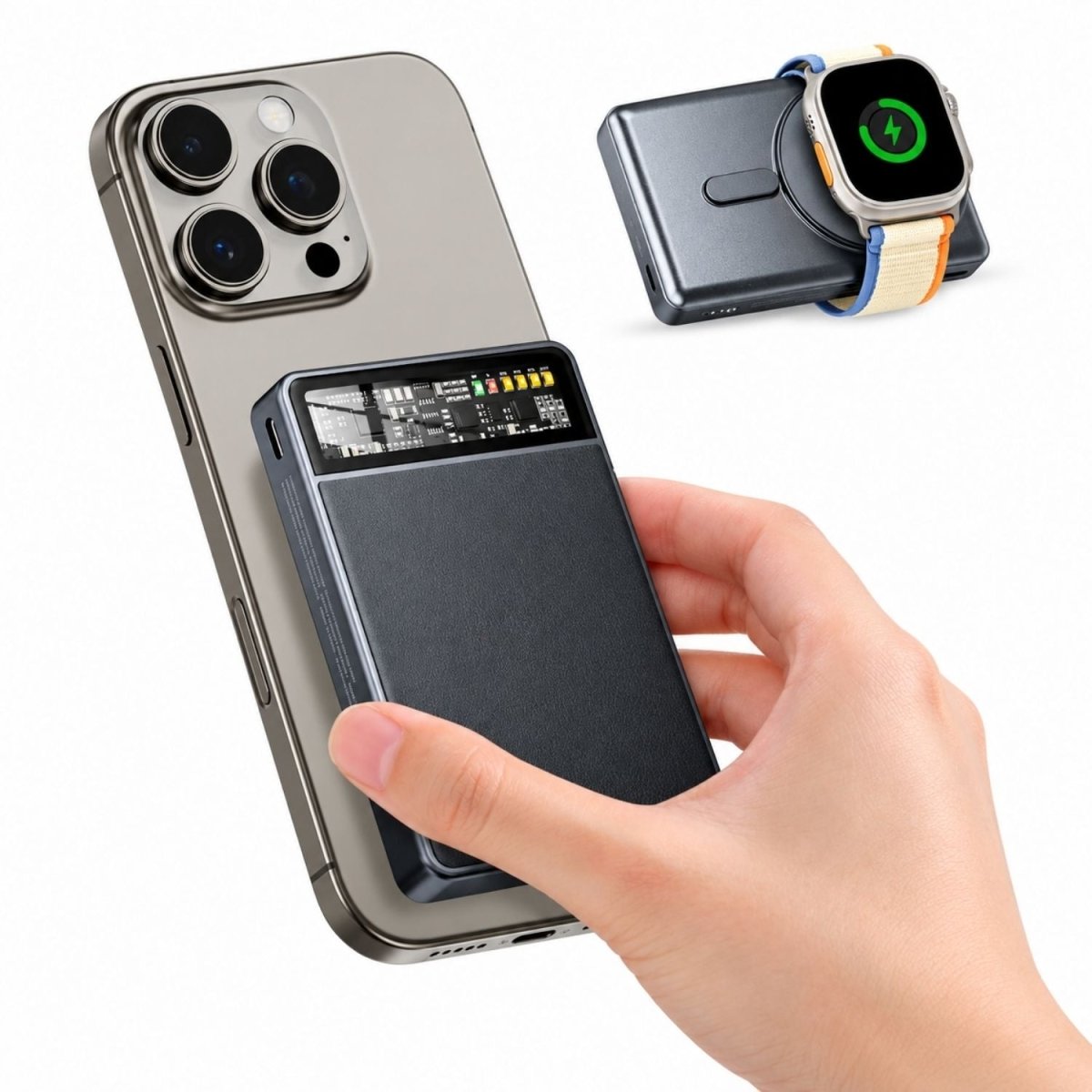 KPON Mágneses Power Bank 10000mAh Magsafe iPhone és Apple Watch Töltővel - Karbonfekete-BShopy