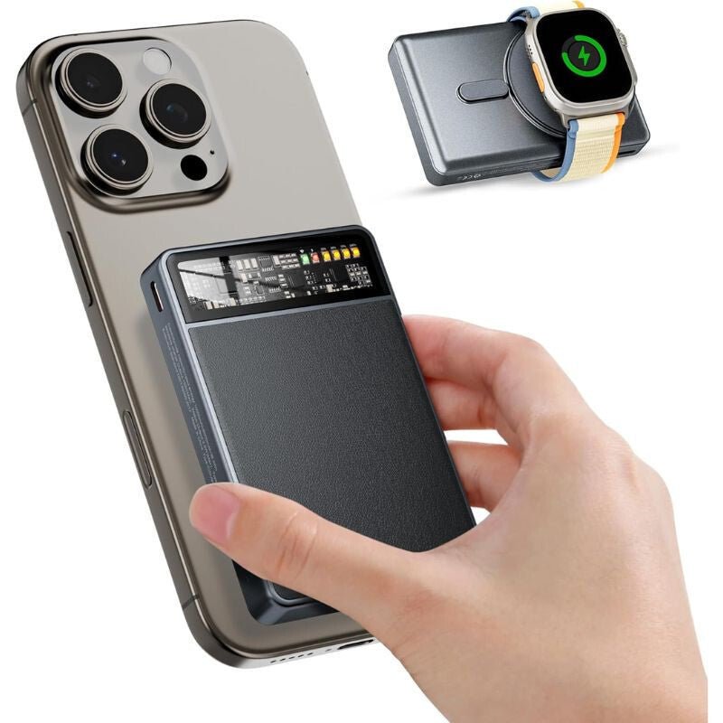 KPON Mágneses Power Bank 10000mAh Magsafe iPhone és Apple Watch Töltővel - Karbonfekete - BShopy