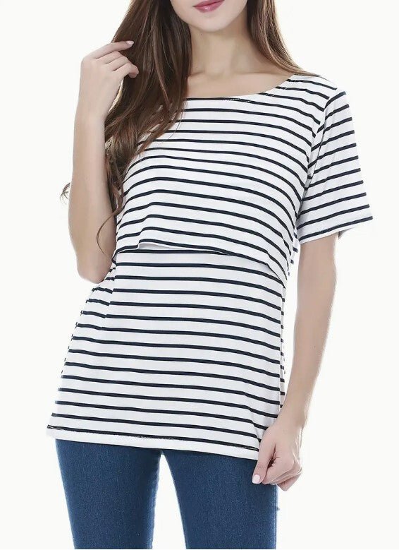 Női Kismama Szoptatós Póló, Rövid Ujjú Felső (Fekete - Fehér Csíkos) S - BShopyX0010PO34V_7