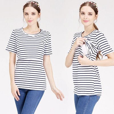 Női Kismama Szoptatós Póló,Rövid Ujjú Felső (Fekete - Fehér Csíkos) XL - BShopyX0010VD6S9_0