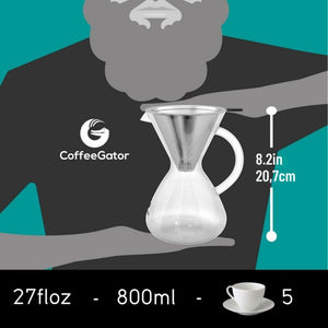 Pour Over Kávékészítő 800ml - Üveg Kanna Fém Szűrővel, Kézi Filteres Kávéfőző - BShopy
