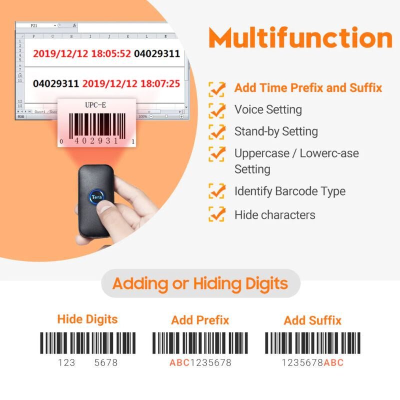Tera 5200C Mini Lézeres 1D Bluetooth Vonalkódolvasó – Vezeték Nélküli, USB és 2.4G Kapcsolat, Nagy Hatótáv és Tárhely - BShopyTERA1D5200C_3