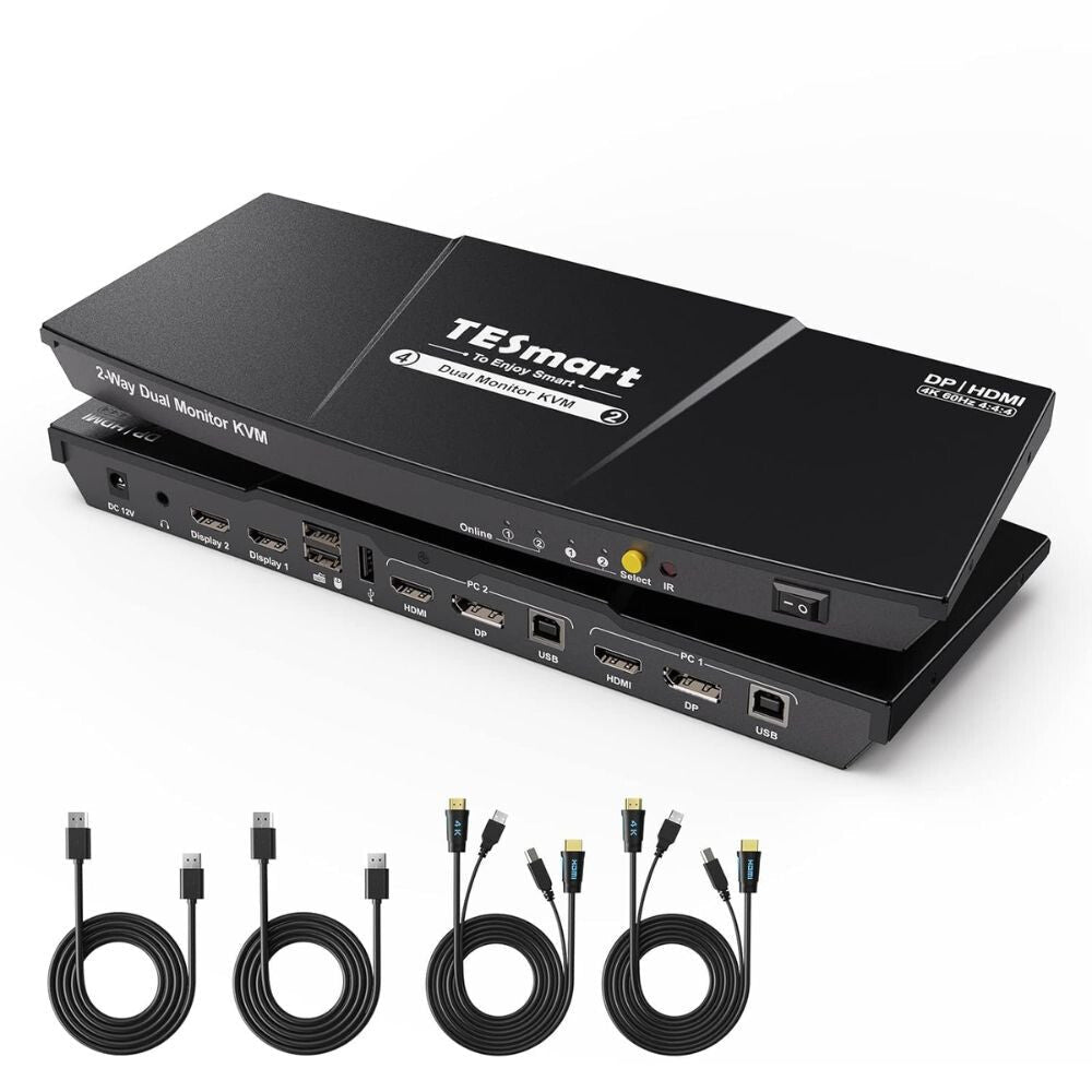TESmart Dual Monitor KVM Switch – 4×2 (2 PC / 2 Monitor), HDMI + DisplayPort, 4K@60Hz, EDID, USB 2.0 (Fekete) - BShopy