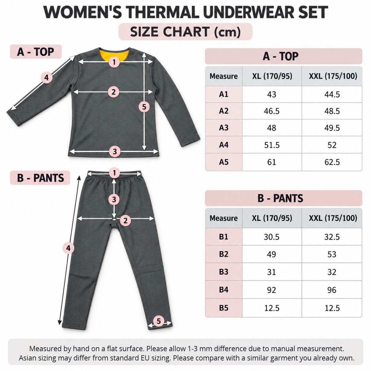 Tabela rozmiarów damskiego zestawu termo – XL (170/95) i XXL (175/100)