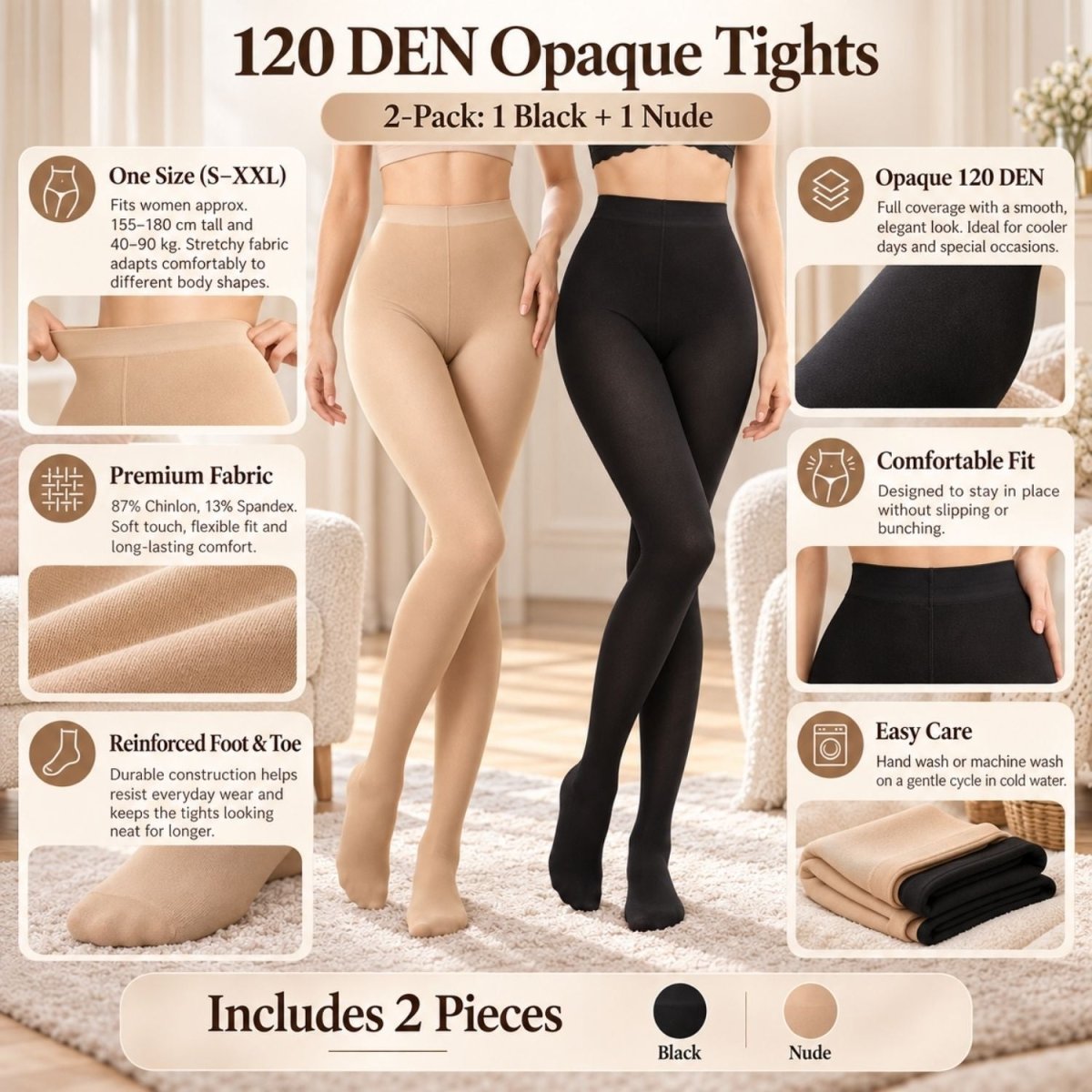 Rajstopy damskie Yulaixuan 2 pary - 120 DEN czarne - cieliste-BShopy
